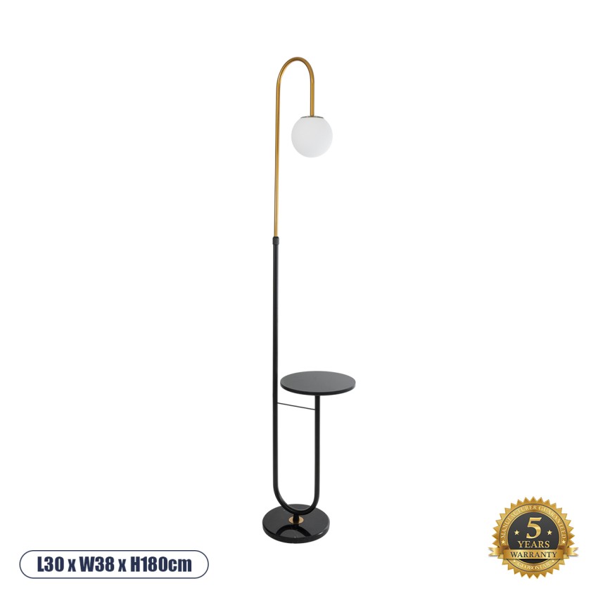 CORDELIA  Μοντέρνο Επιδαπέδιο Φωτιστικό Μονόφωτο 1 x E27 IP20 Μαύρο & Χρυσό Μέταλλο, Λευκό Γυαλί με Μαύρο Μάρμαρο - Μ30 x Π38 x Υ180cm