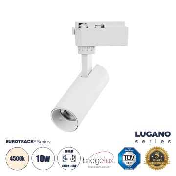 LUGANO  Μονοφασικό Φωτιστικό Σποτ Ράγας LED 10W 1250lm 36° Acrylic HQ LENS AC 220-240V IP20 Φ4.5 x Υ19cm Φυσικό Λευκό 4500K - EUROTRACK® System 1L+1N - Λευκό - Bridgelux Chip - TÜV Certified Driver