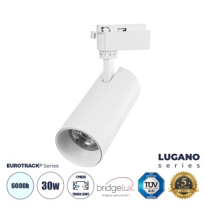 LUGANO  Μονοφασικό Φωτιστικό Σποτ Ράγας LED 30W 3900lm 36° Acrylic HQ LENS AC 220-240V IP20 Φ7.5 x Υ22.7cm Ψυχρό Λευκό 6000K - EUROTRACK® System 1L+1N - Λευκό - Bridgelux Chip - TÜV Certified Driver
