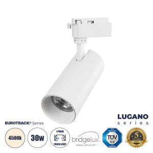 LUGANO  Μονοφασικό Φωτιστικό Σποτ Ράγας LED 30W 3750lm 36° Acrylic HQ LENS AC 220-240V IP20 Φ7.5 x Υ22.7cm Φυσικό Λευκό 4500K - EUROTRACK® System 1L+1N - Λευκό - Bridgelux Chip - TÜV Certified Driver