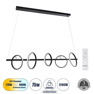 CIRCOLARE  Κρεμαστό Φωτιστικό Οροφής Design LED CCT 75W 8400lm 360° AC 220-240V - Εναλλαγή Φωτισμού μέσω Τηλεχειριστηρίου All In One Ψυχρό 6000k+Φυσικό 4500k+Θερμό 2700k Dimmable Μ120 x Π25 x Υ25cm - Μαύρο