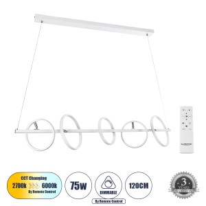 CIRCOLARE  Κρεμαστό Φωτιστικό Οροφής Design LED CCT 75W 8400lm 360° AC 220-240V - Εναλλαγή Φωτισμού μέσω Τηλεχειριστηρίου All In One Ψυχρό 6000k+Φυσικό 4500k+Θερμό 2700k Dimmable Μ120 x Π25 x Υ25cm - Λευκό
