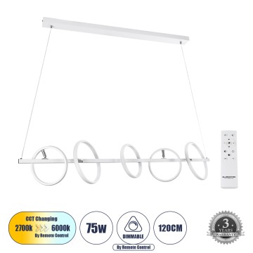 CIRCOLARE  Κρεμαστό Φωτιστικό Οροφής Design LED CCT 75W 8400lm 360° AC 220-240V - Εναλλαγή Φωτισμού μέσω Τηλεχειριστηρίου All In One Ψυχρό 6000k+Φυσικό 4500k+Θερμό 2700k Dimmable Μ120 x Π25 x Υ25cm - Λευκό