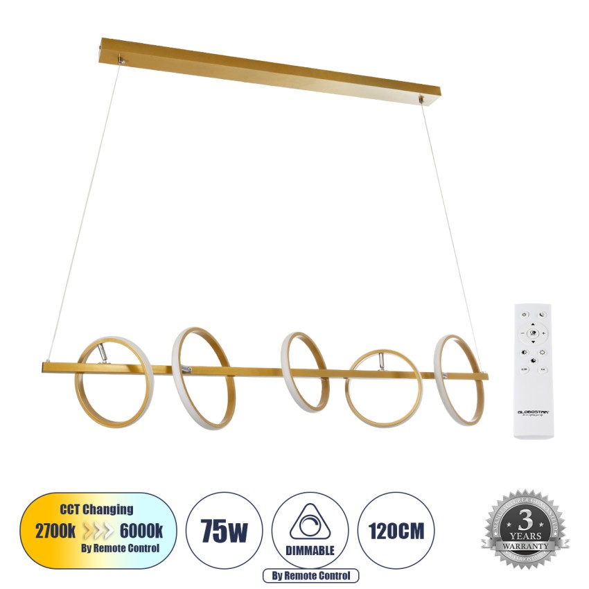 CIRCOLARE  Κρεμαστό Φωτιστικό Οροφής Design LED CCT 75W 8400lm 360° AC 220-240V - Εναλλαγή Φωτισμού μέσω Τηλεχειριστηρίου All In One Ψυχρό 6000k+Φυσικό 4500k+Θερμό 2700k Dimmable Μ120 x Π25 x Υ25cm - Χρυσό
