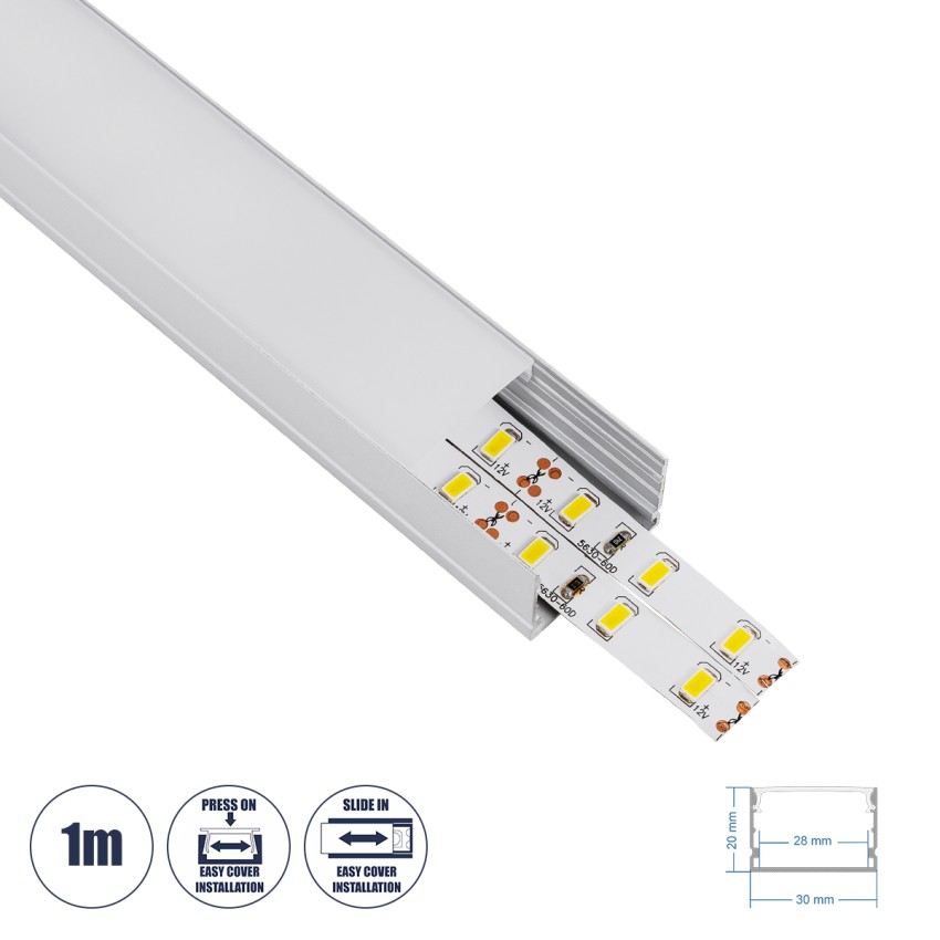 SURFACE-PROFILE  Προφίλ Αλουμινίου - Βάση & Ψύκτρα Ταινίας LED με Λευκό Γαλακτερό Κάλυμμα - Επιφανειακή Χρήση - Πατητό Κάλυμμα - Ασημί - 1 Μέτρο - Μ100 x Π3 x Υ2cm