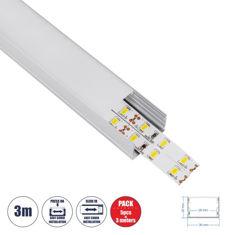 SURFACE-PROFILE  Προφίλ Αλουμινίου - Βάση & Ψύκτρα Ταινίας LED με Λευκό Γαλακτερό Κάλυμμα - Επιφανειακή Χρήση - Πατητό Κάλυμμα - Ασημί - 3 Μέτρα - Πακέτο 5 Τεμαχίων - Μ300 x Π3 x Υ2cm