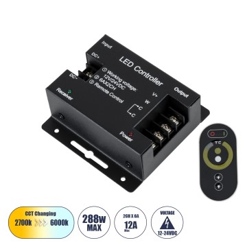 GLOBOSTAR® CCTCONTROLLER  Σετ Dimmer / Controller με RF Ασύρματο Χειριστήριο με 2 x 6A 144W Κανάλια DC 12-24V 12A 288W Max IP20 - RF2.4Ghz SYNC - Μ8.3 x Π8.3 x Υ3.2cm