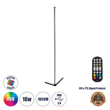 GLOBOSTAR® DIGICOLUMN  Μοντέρνο Επιδαπέδιο Γραμμικό Ψηφιακό Φωτιστικό Digital Pixel Symphony Bar με RF Ασύρματο Χειριστήριο LED 16W 1280lm 180° DC 5V με USB 2.0 IP20 Πολύχρωμο RGB Dimmable - Μαύρο - Φ3 x Υ165cm