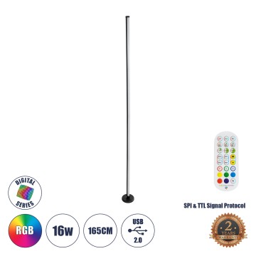 GLOBOSTAR® DIGICOLUMN  Μοντέρνο Επιδαπέδιο Γραμμικό Ψηφιακό Φωτιστικό Digital Pixel Symphony Bar με RF Ασύρματο Χειριστήριο LED 16W 1280lm 180° DC 5V με USB 2.0 IP20 Πολύχρωμο RGB Dimmable - Μαύρο - Φ3 x Υ165cm