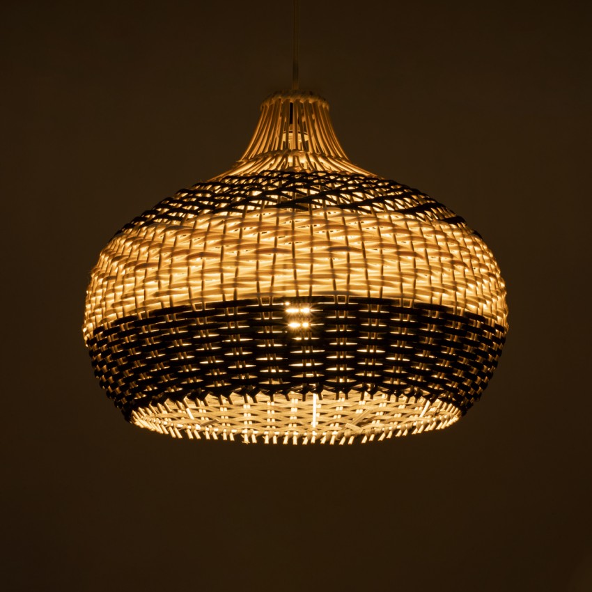 BARBADOS  Boho Κρεμαστό Φωτιστικό Καμπάνα Μονόφωτο 1 x E27 IP20 Μπεζ & Χακί Ξύλο - Μ40 x Π40 x Υ34cm