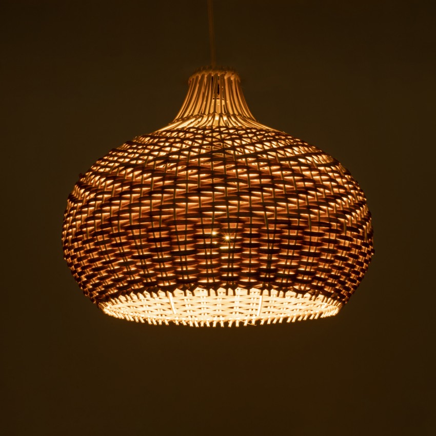 PANAMA  Boho Κρεμαστό Φωτιστικό Καμπάνα Μονόφωτο 1 x E27 IP20 Καφέ & Μπεζ Ξύλο - Μ40 x Π40 x Υ34cm