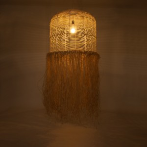 BASSETERRE  Boho Κρεμαστό Φωτιστικό Πλέγμα Μονόφωτο 1 x E27 IP20 Μπεζ Ξύλο με Καφέ Ράφια - Μ70 x Π70 x Υ170cm