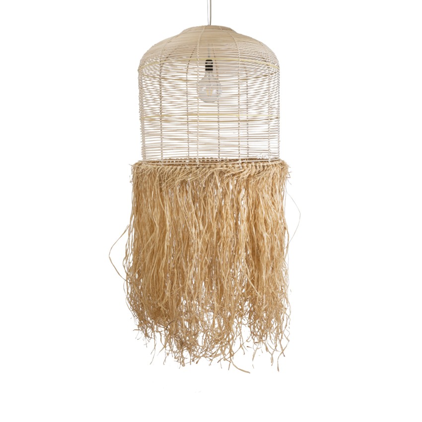 BASSETERRE  Boho Κρεμαστό Φωτιστικό Πλέγμα Μονόφωτο 1 x E27 IP20 Μπεζ Ξύλο με Καφέ Ράφια - Μ70 x Π70 x Υ170cm