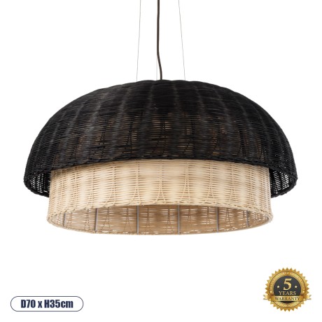 CORSICA  Boho Κρεμαστό Φωτιστικό Καμπάνα Μονόφωτο 1 x E27 IP20 Μαύρο & Μπεζ Ξύλο - Μ70 x Π70 x Υ35cm