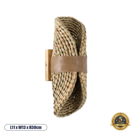 GUAVA  Boho Επιτοίχιο Φωτιστικό Απλίκα Δίφωτο 2 x G9 IP20 Μπεζ Ξύλο με Μπεζ Δέρμα - Μ11 x Π13 x Υ30cm