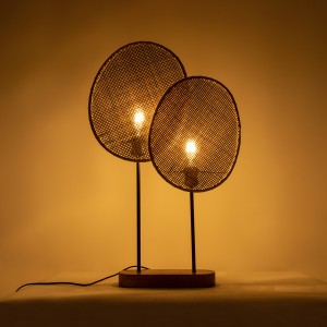 AZUL  Boho Επιτραπέζιο Φωτιστικό Διφωτο 2 x E27 AC220-240V IP20 - Μ45 x Π11 x Υ75cm - Μπεζ Ξύλινο με Μαύρο Μεταλλικό και Μπεζ Ξύλινο Πλέγμα