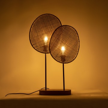 AZUL  Boho Επιτραπέζιο Φωτιστικό Διφωτο 2 x E27 AC220-240V IP20 - Μ45 x Π11 x Υ75cm - Μπεζ Ξύλινο με Μαύρο Μεταλλικό και Μπεζ Ξύλινο Πλέγμα