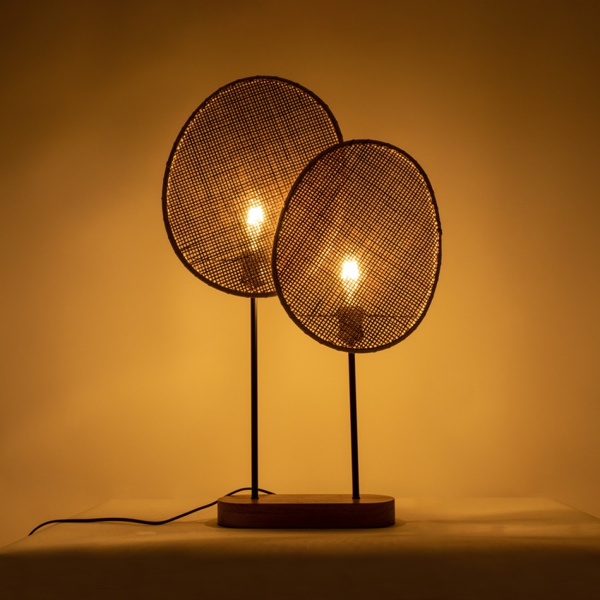 AZUL  Boho Επιτραπέζιο Φωτιστικό Διφωτο 2 x E27 AC220-240V IP20 - Μ45 x Π11 x Υ75cm - Μπεζ Ξύλινο με Μαύρο Μεταλλικό και Μπεζ Ξύλινο Πλέγμα