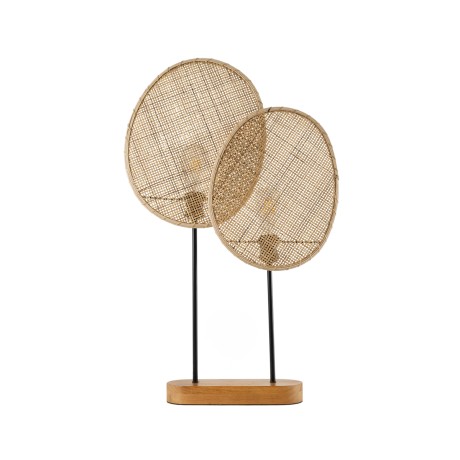 AZUL  Boho Επιτραπέζιο Φωτιστικό Διφωτο 2 x E27 AC220-240V IP20 - Μ45 x Π11 x Υ75cm - Μπεζ Ξύλινο με Μαύρο Μεταλλικό και Μπεζ Ξύλινο Πλέγμα