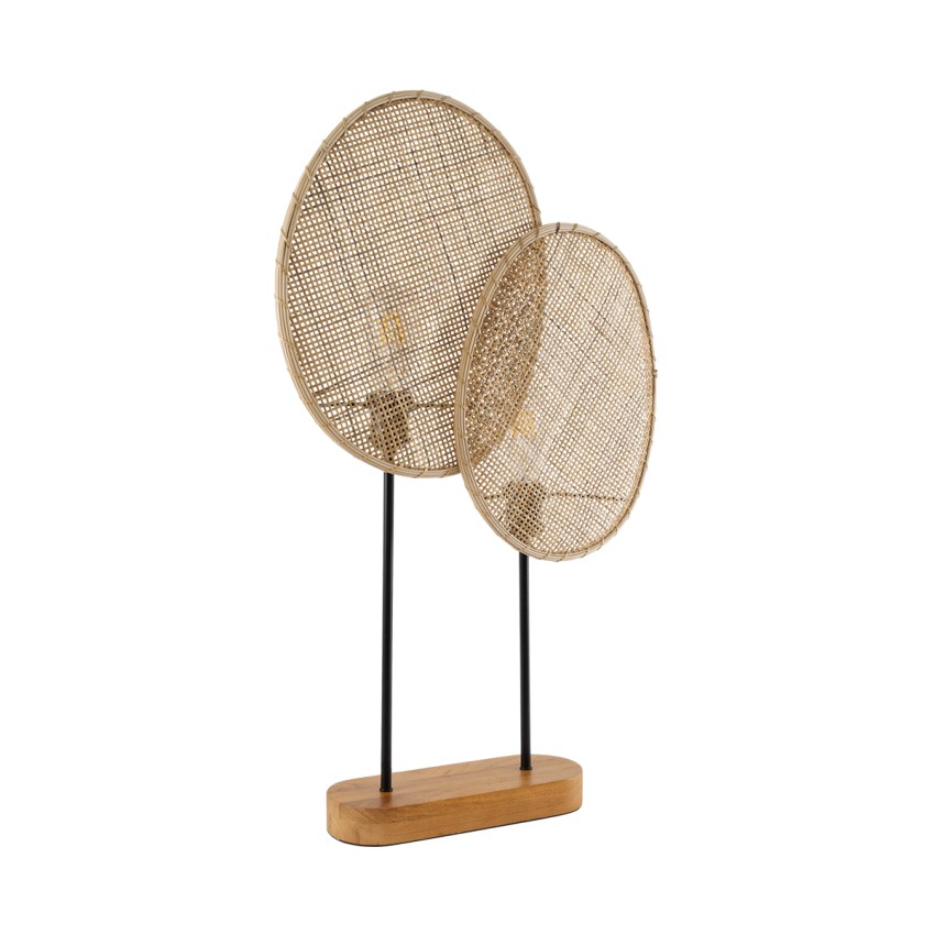 AZUL  Boho Επιτραπέζιο Φωτιστικό Διφωτο 2 x E27 AC220-240V IP20 - Μ45 x Π11 x Υ75cm - Μπεζ Ξύλινο με Μαύρο Μεταλλικό και Μπεζ Ξύλινο Πλέγμα