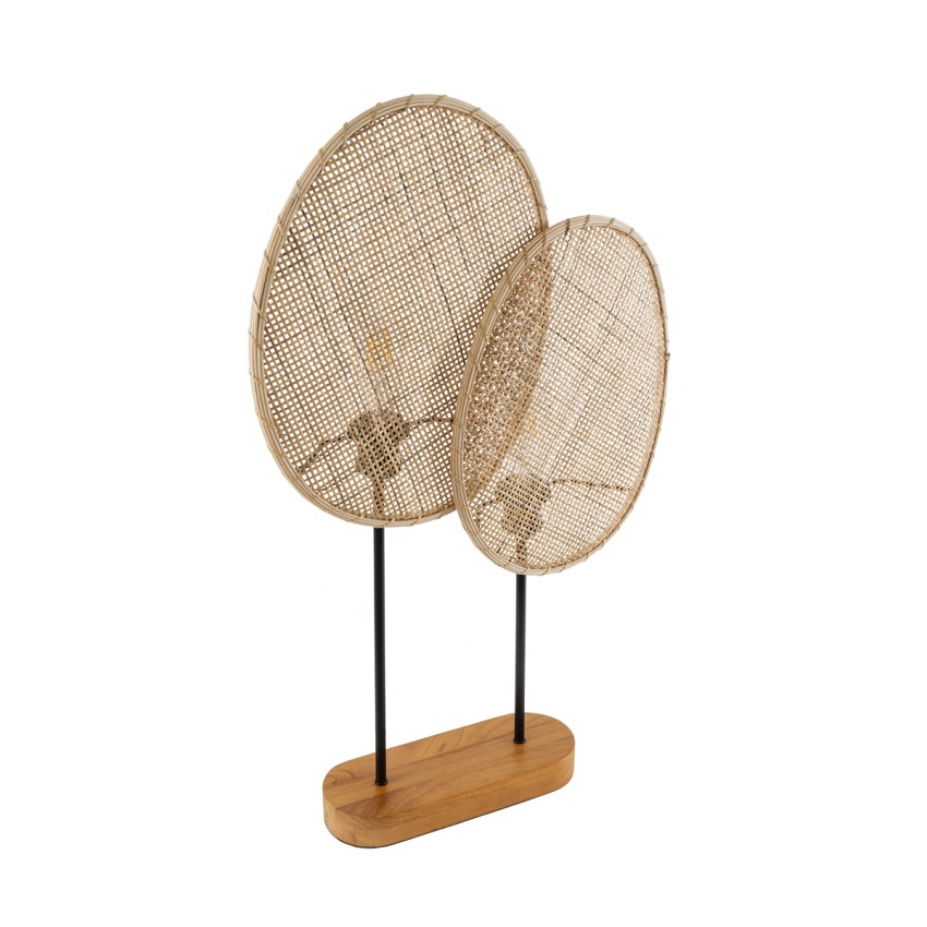 AZUL  Boho Επιτραπέζιο Φωτιστικό Διφωτο 2 x E27 AC220-240V IP20 - Μ45 x Π11 x Υ75cm - Μπεζ Ξύλινο με Μαύρο Μεταλλικό και Μπεζ Ξύλινο Πλέγμα