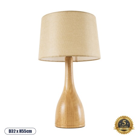 BERKBAY  Boho Επιτραπέζιο Φωτιστικό Μονόφωτο 1 x E27 AC220-240V IP20 - Φ32 x Υ55cm - Μπεζ Ξύλινο με Μπεζ Υφασμάτινο Καπέλο