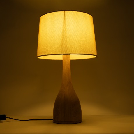 BERKBAY  Boho Επιτραπέζιο Φωτιστικό Μονόφωτο 1 x E27 AC220-240V IP20 - Φ32 x Υ55cm - Μπεζ Ξύλινο με Μπεζ Υφασμάτινο Καπέλο