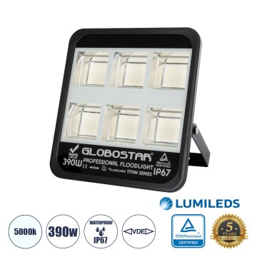 GLOBOSTAR® TITAN  Προβολέας για Γήπεδα Tennis & Ποδοσφαίρου 5x5 LED 390W 48750lm 60°x90° AC 220-240V Αδιάβροχο IP67 Φυσικό Λευκό 5000K - Lumileds SMD Chip  - Μαύρο Ματ - Μ32 x Π8 x Υ35cm