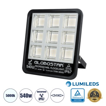 GLOBOSTAR® TITAN  Προβολέας για Γήπεδα Tennis & Ποδοσφαίρου 5x5 LED 540W 67500lm 60°x90° AC 220-240V Αδιάβροχο IP67 Φυσικό Λευκό 5000K - Lumileds SMD Chip  - Μαύρο Ματ - Μ38 x Π8 x Υ42cm