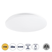 GLOBOSTAR® CELANO  Φωτιστικό Πλαφονιέρα Οροφής LED 30W 2700lm 120° AC 220-240V Αδιάβροχο IP54 Θερμό Λευκό 2700K - Lumileds SMD Chip - Λευκό Γαλακτερό - Μ33 x Π33 x Υ6cm