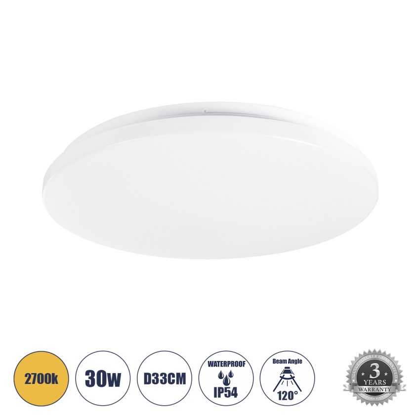 GLOBOSTAR® CELANO  Φωτιστικό Πλαφονιέρα Οροφής LED 30W 2700lm 120° AC 220-240V Αδιάβροχο IP54 Θερμό Λευκό 2700K - Lumileds SMD Chip - Λευκό Γαλακτερό - Μ33 x Π33 x Υ6cm
