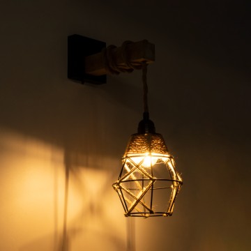 Boho Επιτοίχιο Φωτιστικό Απλίκα Μονόφωτο με Μαύρο Μέταλλο, Μπεζ Σχοινί & Ξύλο – Εντυπωσιακή Διακόσμηση για Κάθε Χώρο