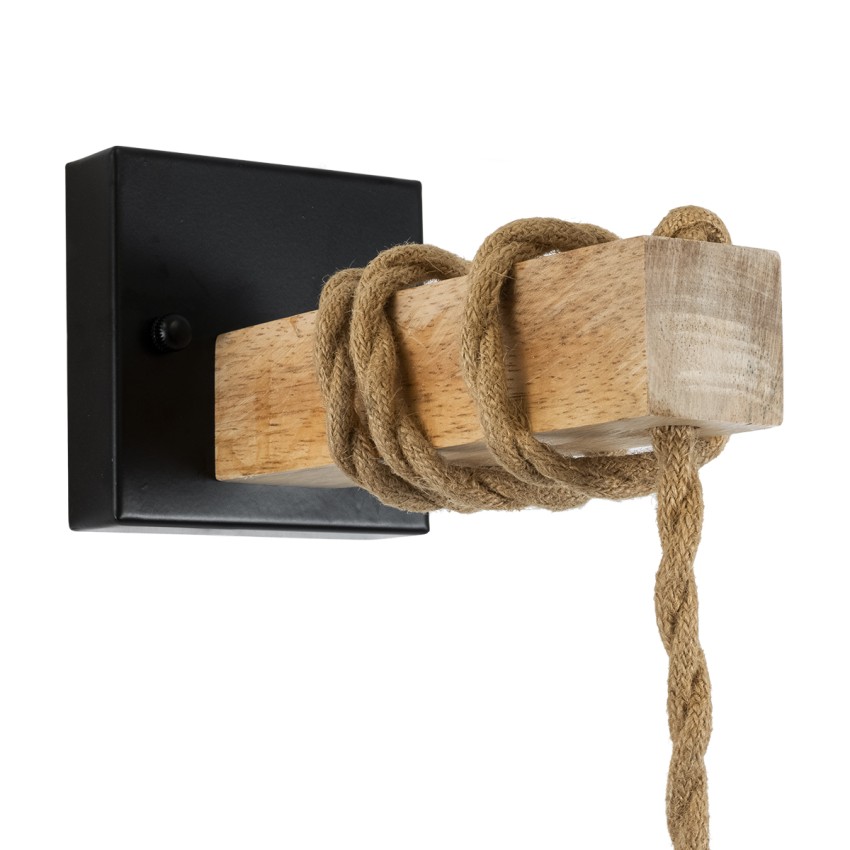 Boho Επιτοίχιο Φωτιστικό Απλίκα Μονόφωτο με Μαύρο Μέταλλο, Μπεζ Σχοινί & Ξύλο – Εντυπωσιακή Διακόσμηση για Κάθε Χώρο