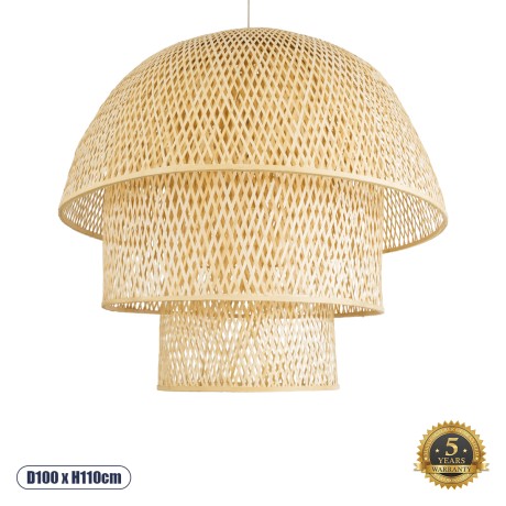 HIROKA  Boho Κρεμαστό Φωτιστικό Καμπάνα Μονόφωτο 1 x E27 IP20 Μπεζ Ξύλο - Μ100 x Π100 x Υ110cm