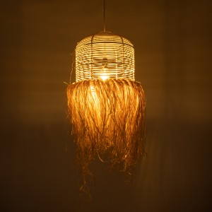 BASSETERRE  Boho Κρεμαστό Φωτιστικό Πλεγμα Μονόφωτο 1 x E27 IP20 Μπεζ Ξύλο - Μ35 x Π35 x Υ60cm