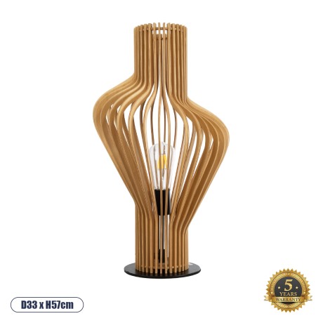 MIHIRO  Boho Επιτραπέζιο Φωτιστικό Μονόφωτο 1 x E27 AC220-240V IP20 - Φ33 x Υ57cm - Καφέ Ξύλινο με Μαύρη Μεταλλική Βάση Πλέγμα