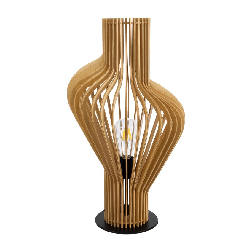 MIHIRO  Boho Επιτραπέζιο Φωτιστικό Μονόφωτο 1 x E27 AC220-240V IP20 - Φ33 x Υ57cm - Καφέ Ξύλινο με Μαύρη Μεταλλική Βάση Πλέγμα