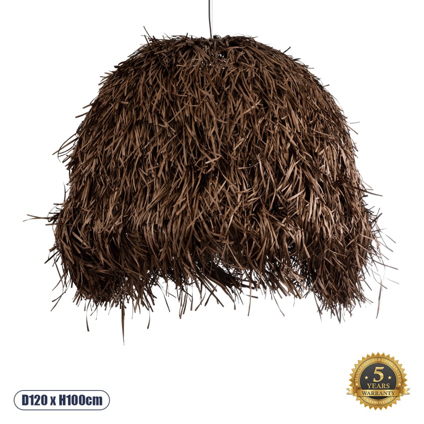 GUADELOUPE  Boho Κρεμαστό Φωτιστικό Καμπάνα Μονόφωτο 1 x E27 IP20 Καφέ Ράφια - Μ120 x Π120 x Υ100cm