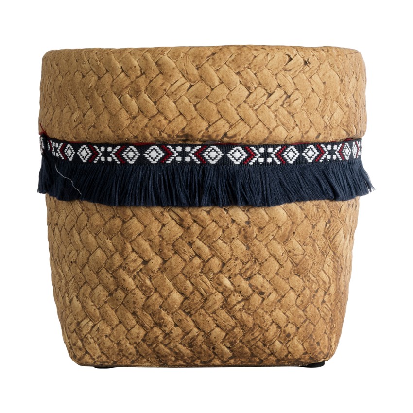 Τεχνητός Κήπος GUATEMALA  Διακοσμητικό Κεραμικό Κασπώ Γλάστρα -  Καφέ με Μπλε Υφασμάτινη Κορδέλα και Λευκές - Κόκκινες Λεπτομέρειες Φ16.5 x Υ15.5cm