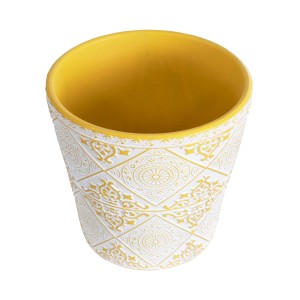 Τεχνητός Κήπος RABAT  Διακοσμητικό Κεραμικό Κασπώ Γλάστρα -  Λευκό με Κίτρινο Φ14 x Υ13cm