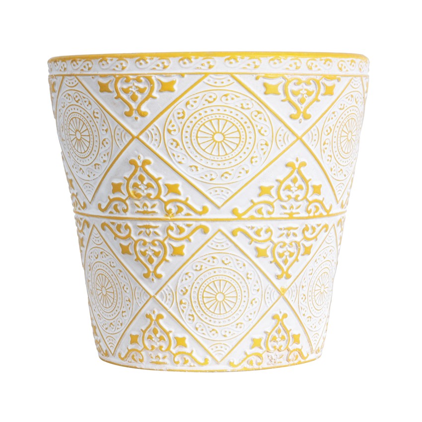 Τεχνητός Κήπος RABAT  Διακοσμητικό Κεραμικό Κασπώ Γλάστρα -  Λευκό με Κίτρινο Φ14 x Υ13cm