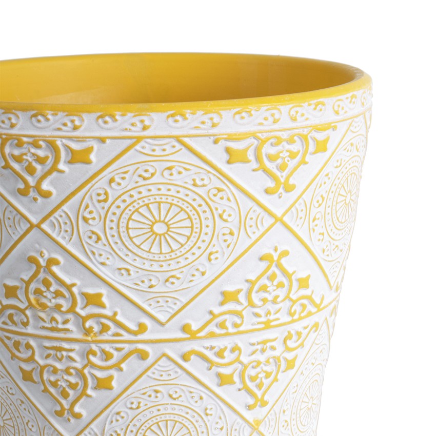 Τεχνητός Κήπος RABAT  Διακοσμητικό Κεραμικό Κασπώ Γλάστρα -  Λευκό με Κίτρινο Φ14 x Υ13cm