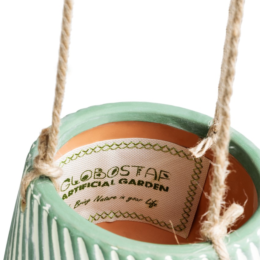 Τεχνητός Κήπος BUBASTIS  Κρεμαστό Διακοσμητικό Κεραμικό Κασπώ Γλάστρα -  Λευκό με Πράσινο Φ13 x Υ10.5cm