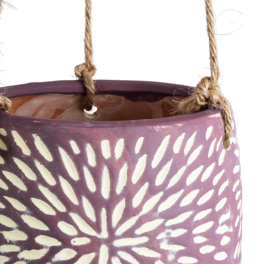 Τεχνητός Κήπος NIGERIA  Κρεμαστό Διακοσμητικό Κεραμικό Κασπώ Γλάστρα -  Μωβ με Λευκό Φ12 x Υ11cm