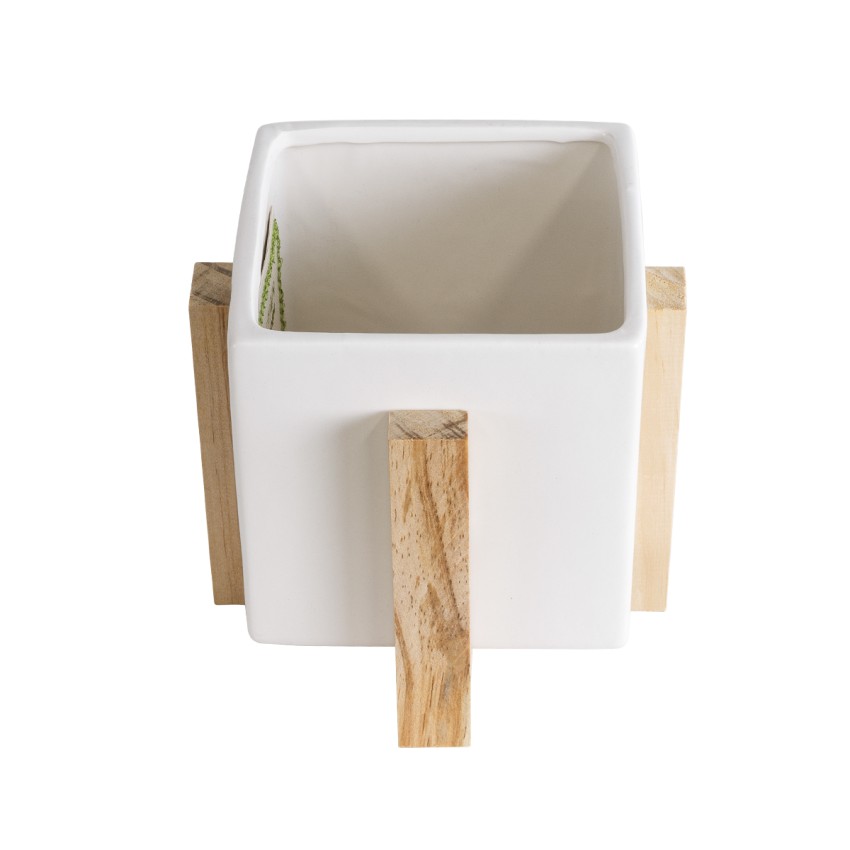 Τεχνητός Κήπος VALETA  Διακοσμητικό Κεραμικό Κασπώ Γλάστρα -  Λευκό με Μπεζ Ξύλο Φ16 x Υ16cm