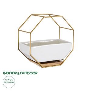 Τεχνητός Κήπος MANDRITE  Διακοσμητικό Κεραμικό Κασπώ Γλάστρα -  Λευκό με Χρυσό Μεταλλικό Πλέγμα και Καφέ Ξύλινη Βάση Μ18 x Π10 x Υ18cm