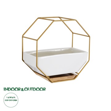 Τεχνητός Κήπος MANDRITE  Διακοσμητικό Κεραμικό Κασπώ Γλάστρα -  Λευκό με Χρυσό Μεταλλικό Πλέγμα και Καφέ Ξύλινη Βάση Μ18 x Π10 x Υ18cm