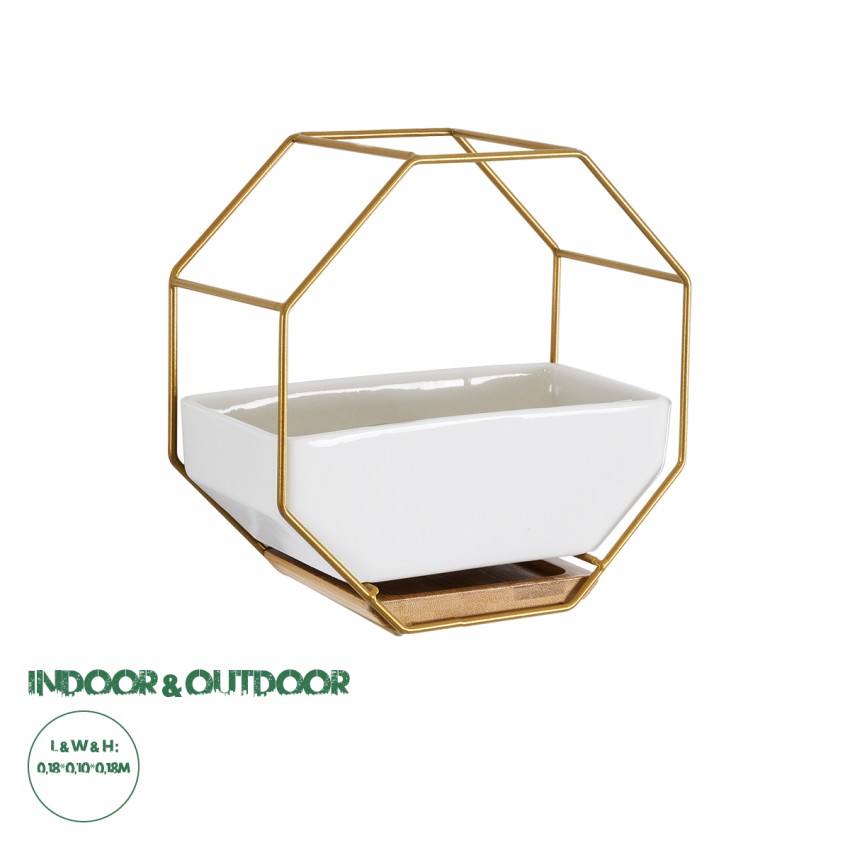 Τεχνητός Κήπος MANDRITE  Διακοσμητικό Κεραμικό Κασπώ Γλάστρα -  Λευκό με Χρυσό Μεταλλικό Πλέγμα και Καφέ Ξύλινη Βάση Μ18 x Π10 x Υ18cm