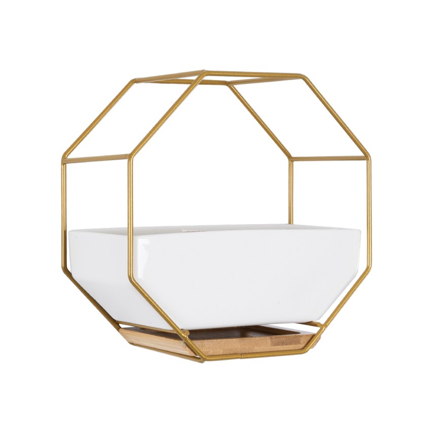 Τεχνητός Κήπος MANDRITE  Διακοσμητικό Κεραμικό Κασπώ Γλάστρα -  Λευκό με Χρυσό Μεταλλικό Πλέγμα και Καφέ Ξύλινη Βάση Μ18 x Π10 x Υ18cm