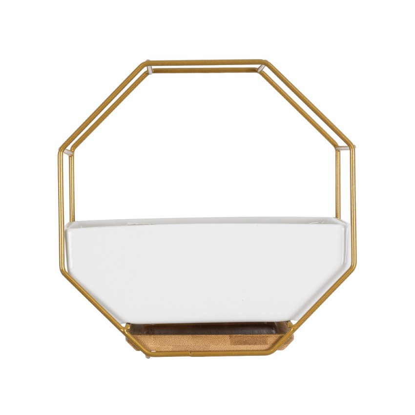 Τεχνητός Κήπος MANDRITE  Διακοσμητικό Κεραμικό Κασπώ Γλάστρα -  Λευκό με Χρυσό Μεταλλικό Πλέγμα και Καφέ Ξύλινη Βάση Μ18 x Π10 x Υ18cm